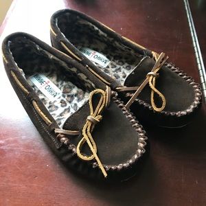 Minnetonka brown, leopard print moccasins.